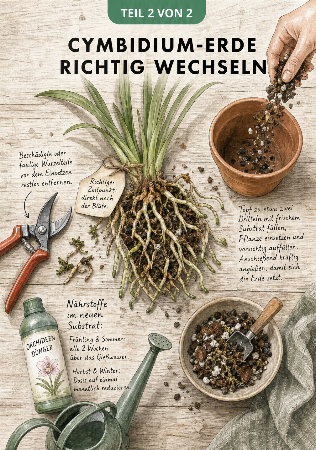 Flatlay-Illustration eines Pflanztisches mit einer ausgetopften Cymbidium-Orchidee, Gartenschere, frischem Substrat, Orchideendünger und Gießkanne.