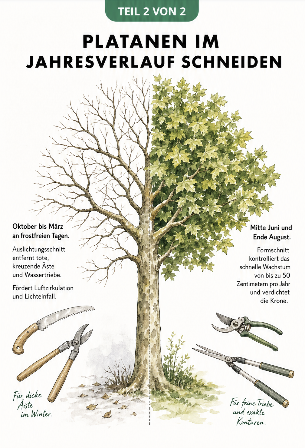Botanische Illustration einer Dach-Platane mit Anleitung zum Formschnitt