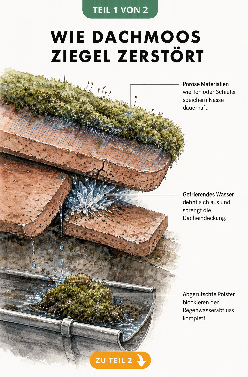 Schnittzeichnung von Dachziegeln, die zeigt, wie Moos Wasser speichert, bei Frost Risse verursacht und die Regenrinne blockiert.