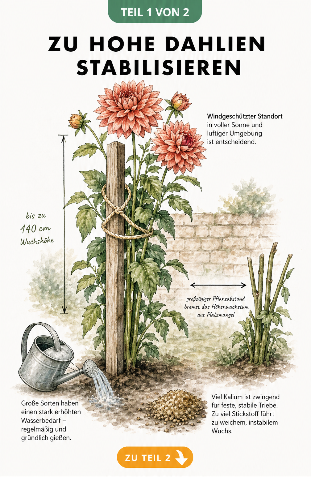 Illustration einer großen Kaktusdahlie, die mit einer Achterschlinge an einen Holzpfahl gebunden ist, inklusive Hinweisen zu Wasserbedarf, Kaliumdünger und...