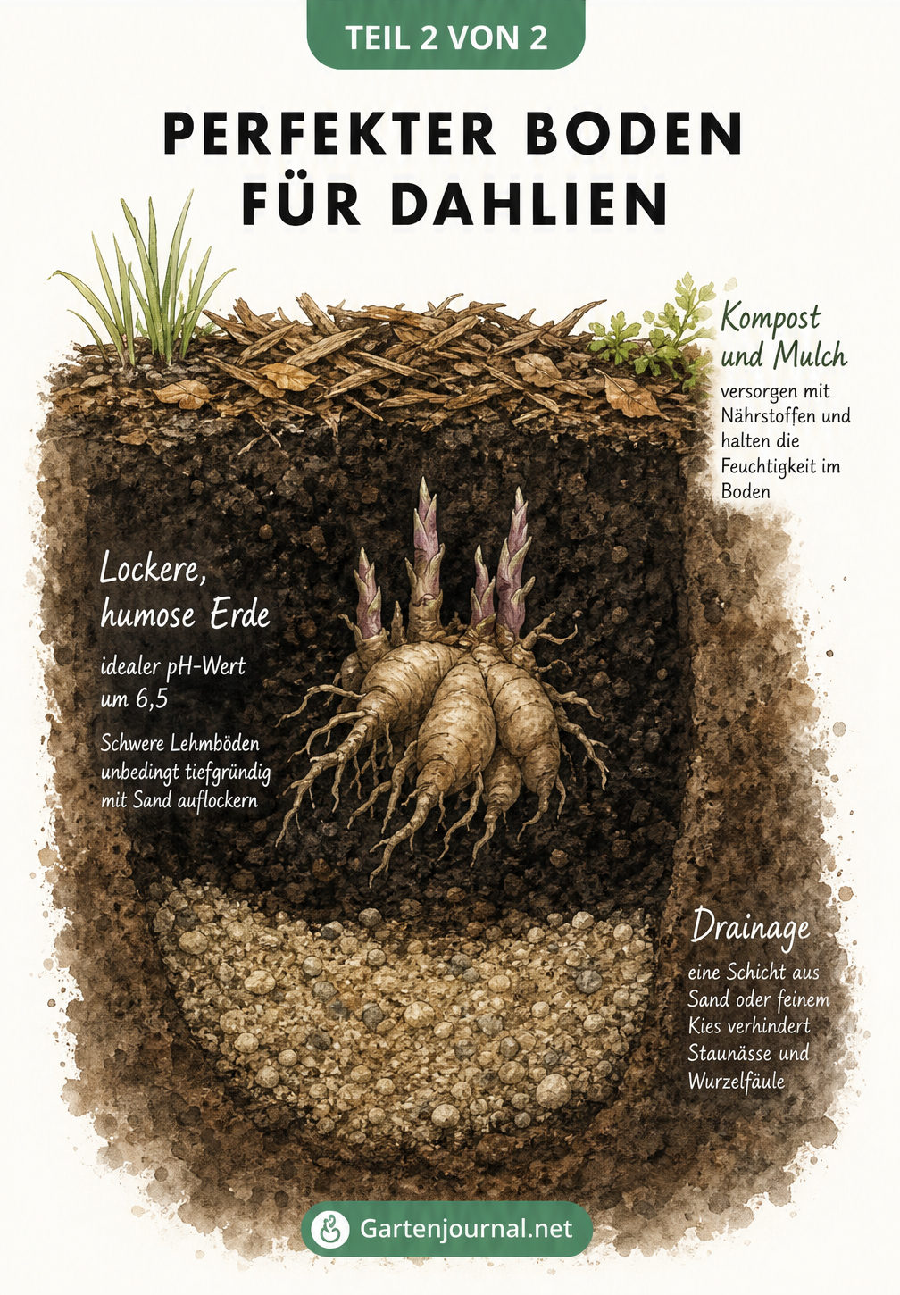 Querschnitt durch den Boden mit einer Dahlienknolle, der eine Drainageschicht aus Sand, lockere Erde mit pH-Wert 6,5 und eine Mulchschicht zeigt.