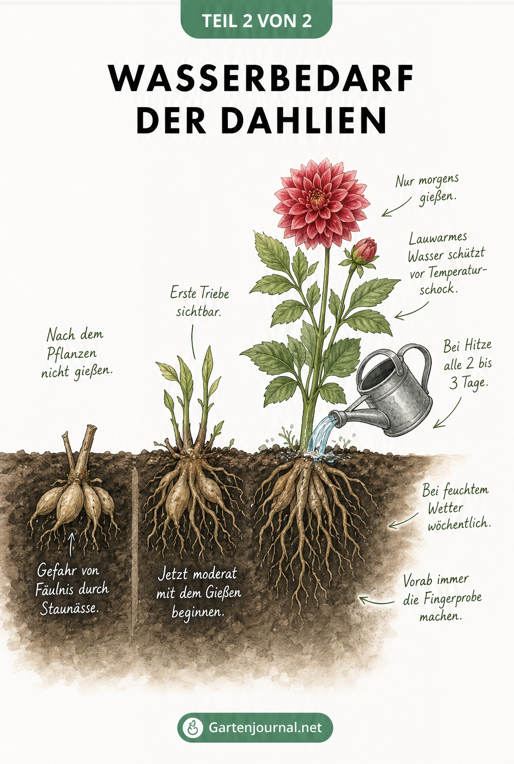 Querschnitt durch die Erde mit Dahlien in drei Wachstumsphasen und Gießhinweisen