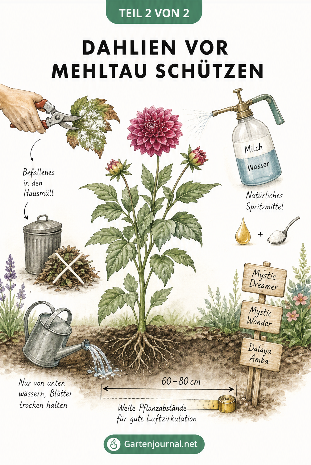 Illustration einer Dahlie im Beet mit Tipps zum Gießen, Schneiden und natürlichen Spritzmitteln gegen Mehltau