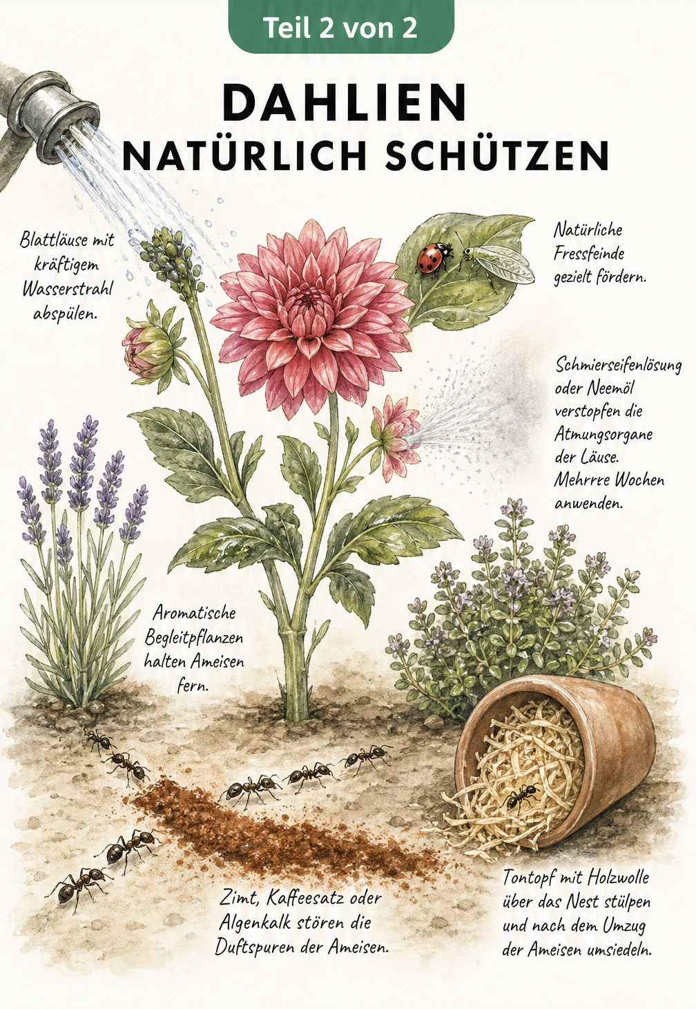 Aquarellierte Gartenszene mit Dahlie, die natürliche Maßnahmen gegen Blattläuse und Ameisen zeigt