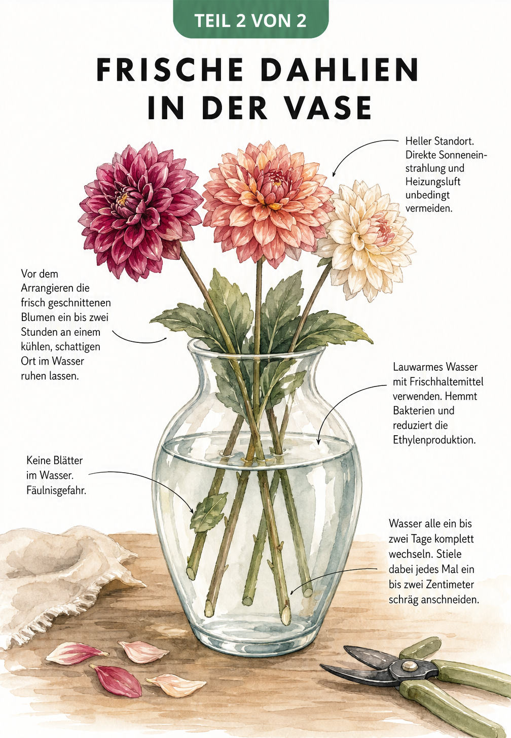 Illustration einer Glasvase mit Dahlien und Hinweisen zu Standort, Wasserwechsel und Pflege