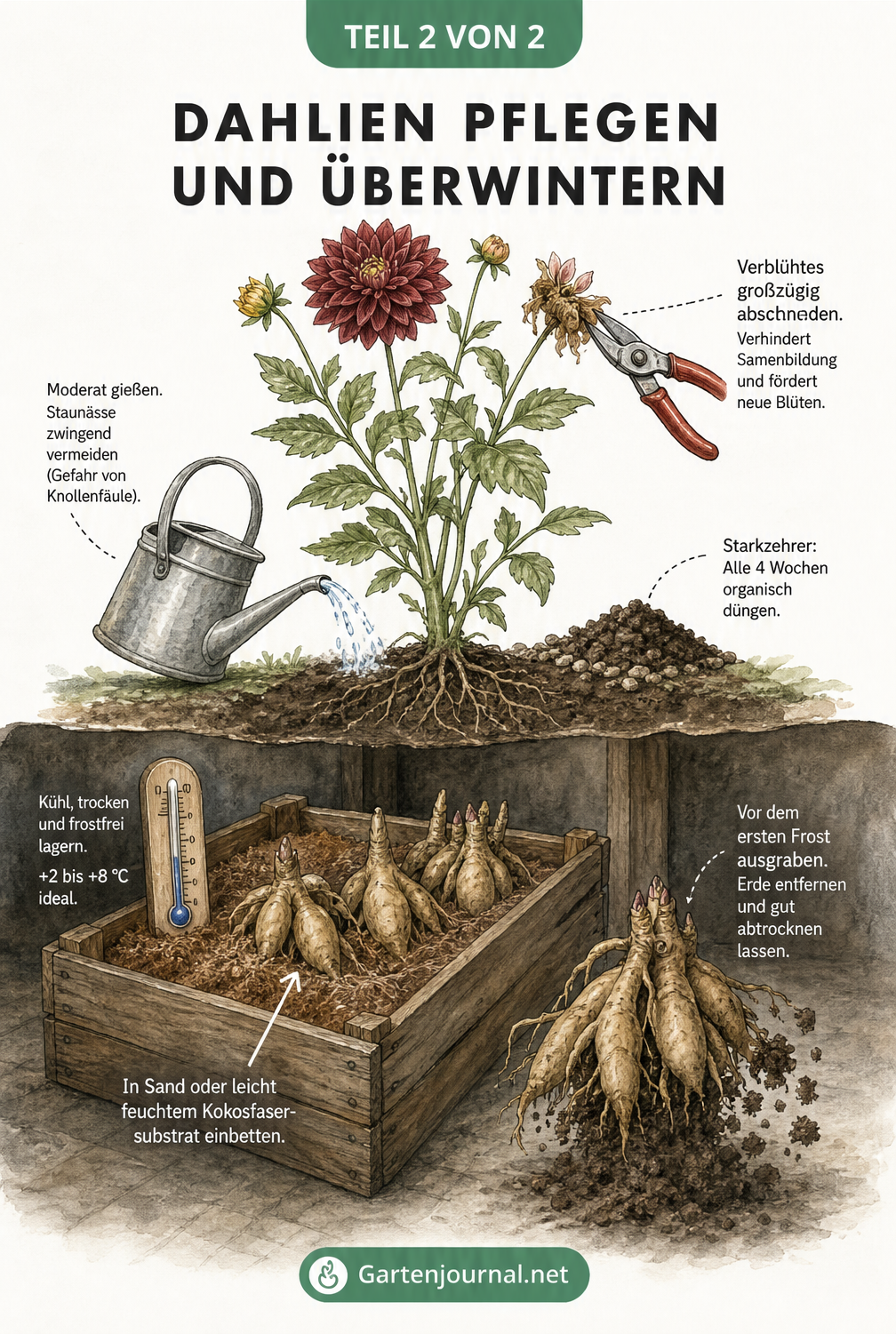 Illustration zur Sommerpflege und Winterlagerung von Dahlien