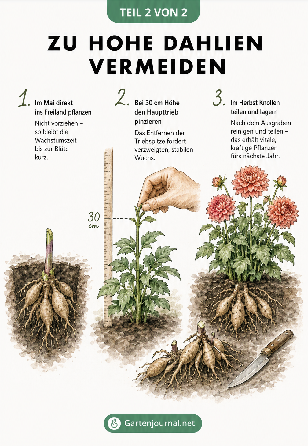 Chronologische Illustration: Dahlienknolle direkt ins Freiland pflanzen, Haupttrieb bei 30 cm Höhe pinzieren und Knollen im Herbst teilen für einen buschigen...
