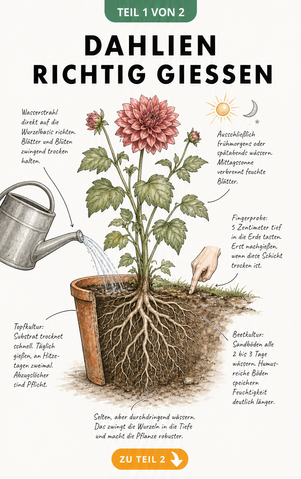 Botanische Illustration einer Dahlie im Querschnitt, die zeigt, wie man Dahlien im Topf und Beet richtig gießt.