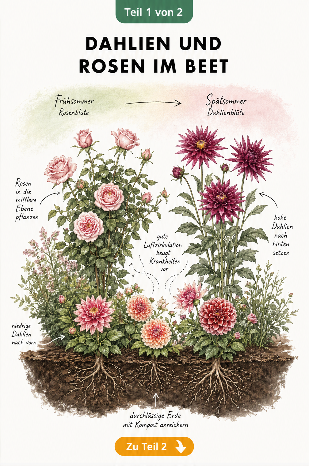 Querschnitt eines Gartenbeets mit Dahlien und Rosen, das die räumliche Anordnung, Wurzeln im Boden und die zeitliche Blüteabfolge zeigt.