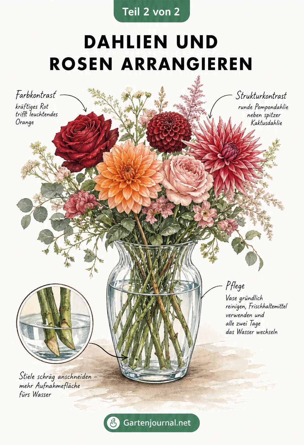 Illustration einer Glasvase mit einem Blumenstrauß aus Dahlien und Rosen, die Farb- und Strukturkontraste sowie Pflegetipps zeigt.