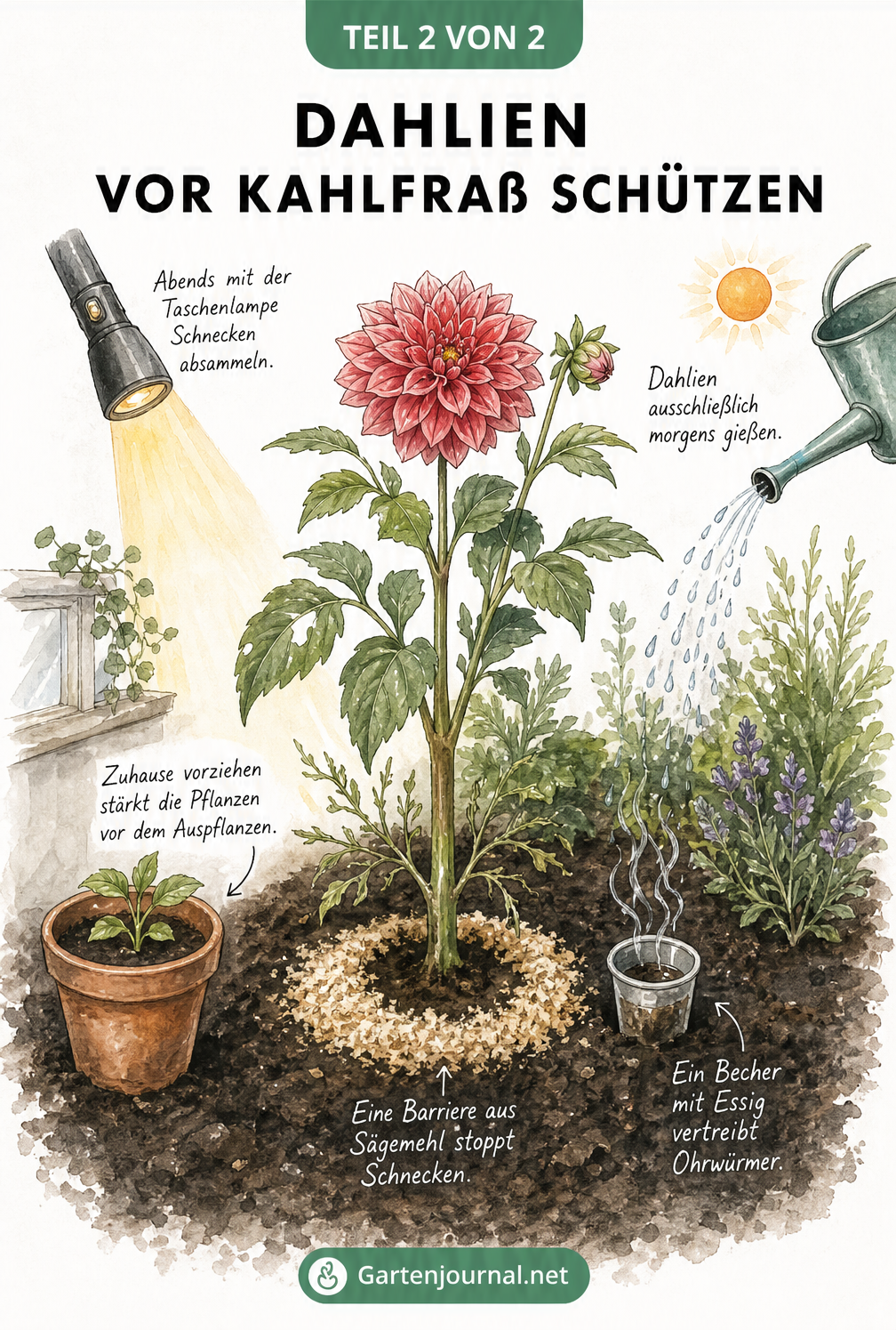 Illustration verschiedener Schutzmaßnahmen für Dahlien: Vorziehen im Topf, Sägemehl-Barriere, Essigbecher gegen Ohrwürmer, Schnecken absammeln und...