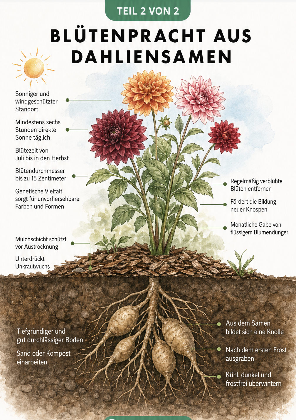 Illustration eines Dahlienbeets mit Querschnitt durch die Erde, die Standort, Pflege und Überwinterung der Knollen zeigt