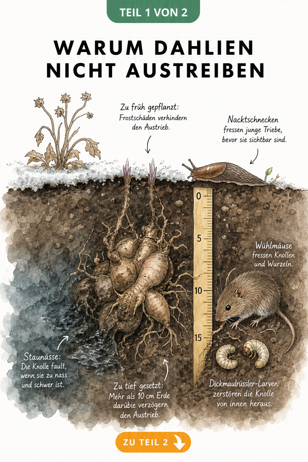Illustration einer Dahlienknolle unter der Erde mit Frostschicht, Nacktschnecke, Staunässe, Wühlmaus und Dickmaulrüssler-Larven