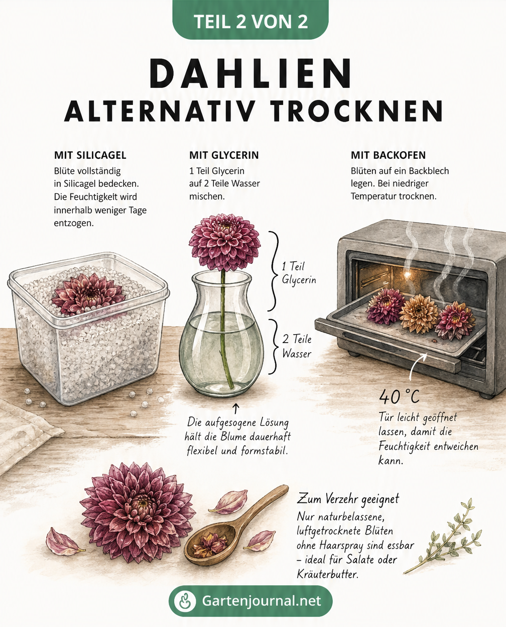 Skizze von drei alternativen Trocknungsmethoden für Dahlien: Silicagel in einer Kiste, Glycerin-Wasser-Mischung in einer Vase und Trocknen im Backofen