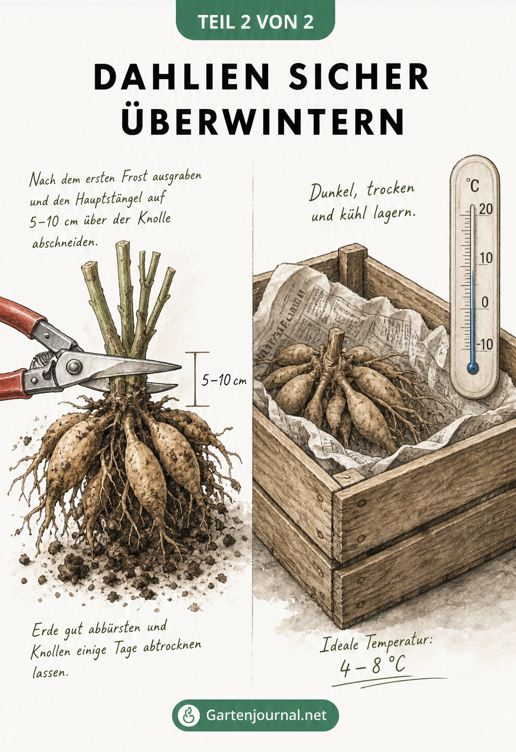 Botanische Zeichnung einer Dahlienknolle beim Rückschnitt und bei der Lagerung in einer Holzkiste