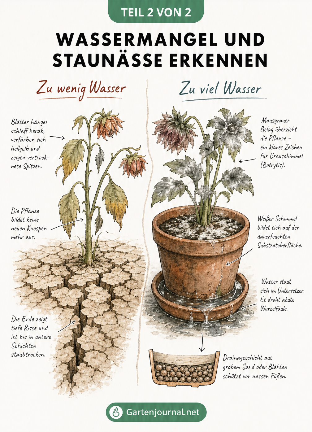 Illustration zweier kranker Dahlien im Vergleich, die Symptome von Wassermangel und Staunässe zeigen.