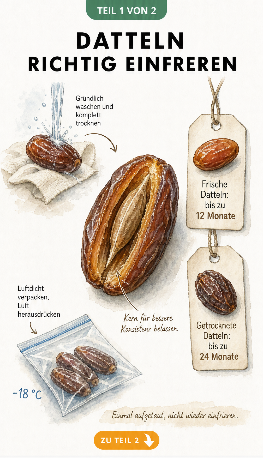 Illustration einer Dattel mit Kern, umgeben von Schritten zum Waschen, Trocknen und luftdichten Verpacken für das Einfrieren.