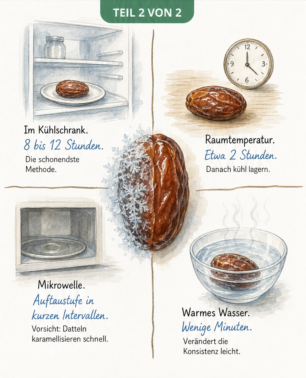 Übersicht der vier Methoden zum Auftauen von Datteln: Kühlschrank, Raumtemperatur, warmes Wasser und Mikrowelle mit den jeweiligen Zeiten.
