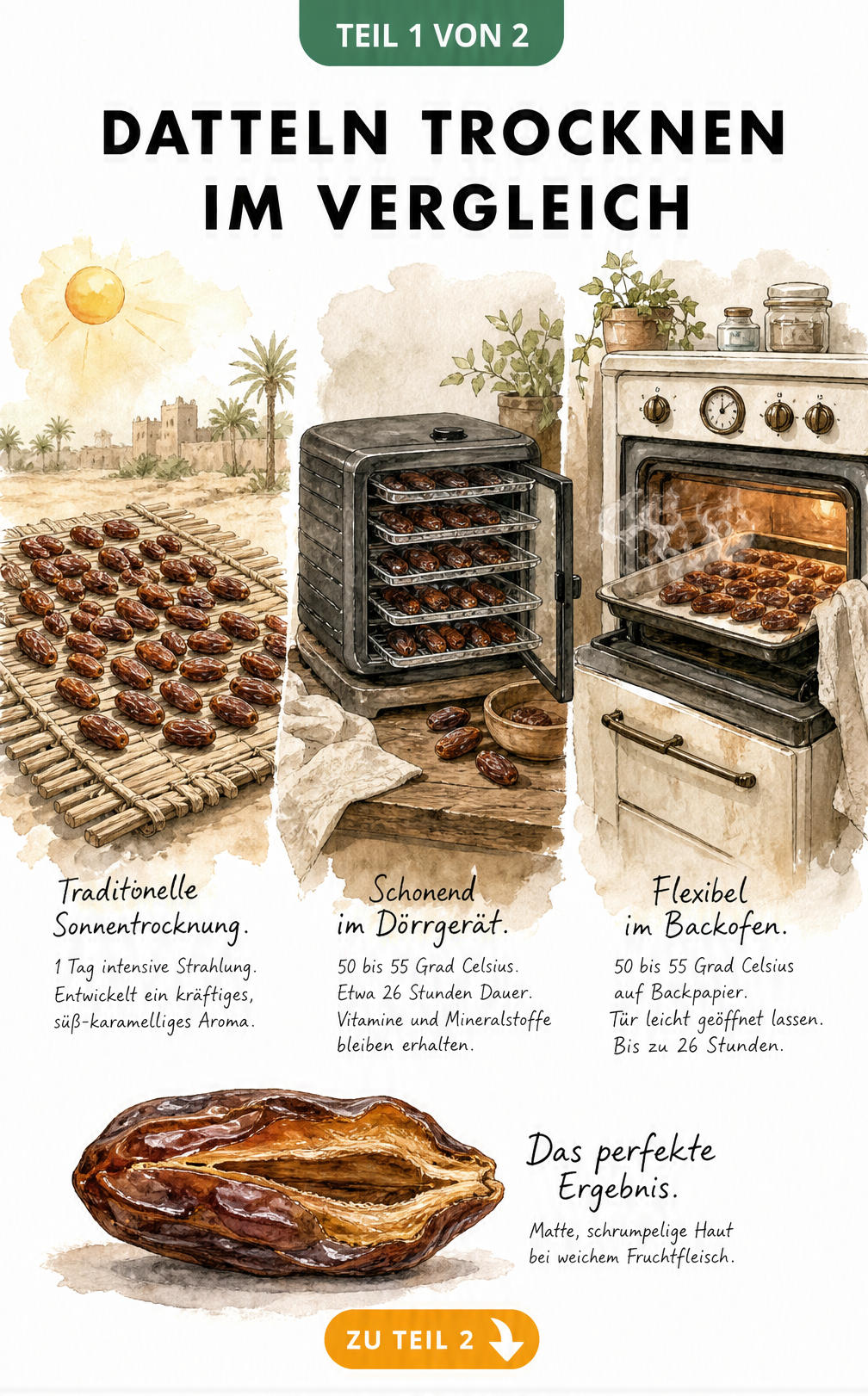 Illustration von drei Methoden zum Datteln trocknen: Sonnentrocknung, Dörrgerät und Backofen