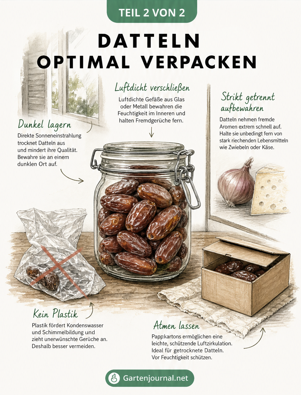Ein Bügelglas mit Datteln auf einem Holztisch, umgeben von Hinweisen zur optimalen Verpackung und Lagerung fern von stark riechenden Lebensmitteln.