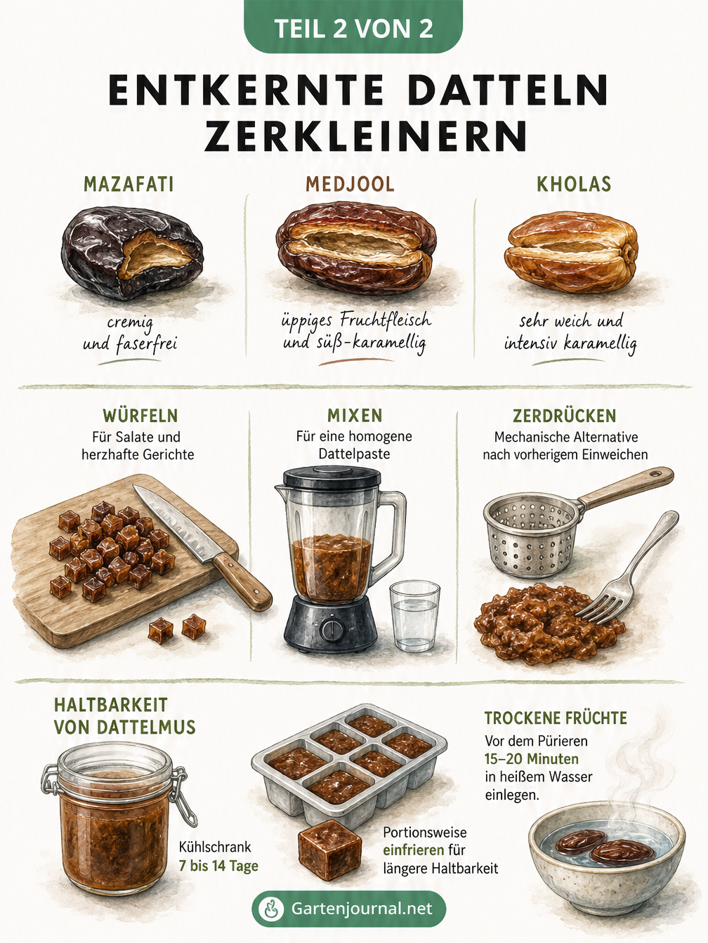 Illustration: Entkernte Datteln zerkleinern, pürieren und als Dattelmus aufbewahren