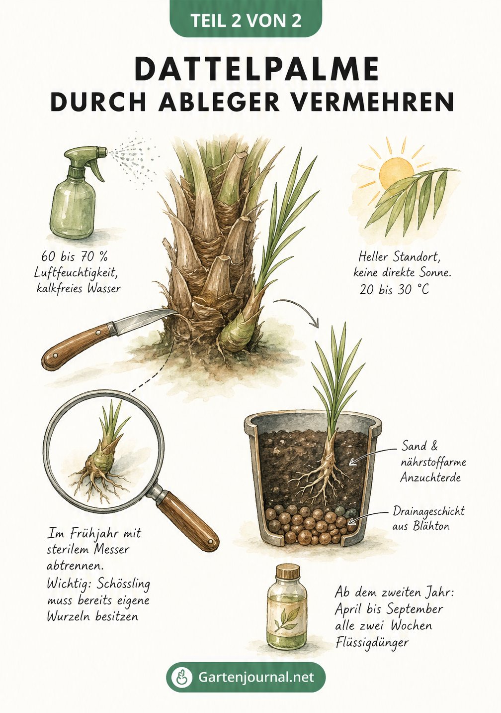 Illustration der Vermehrung einer Dattelpalme durch Ableger, inklusive Abtrennen des Schösslings und den idealen Pflegebedingungen.