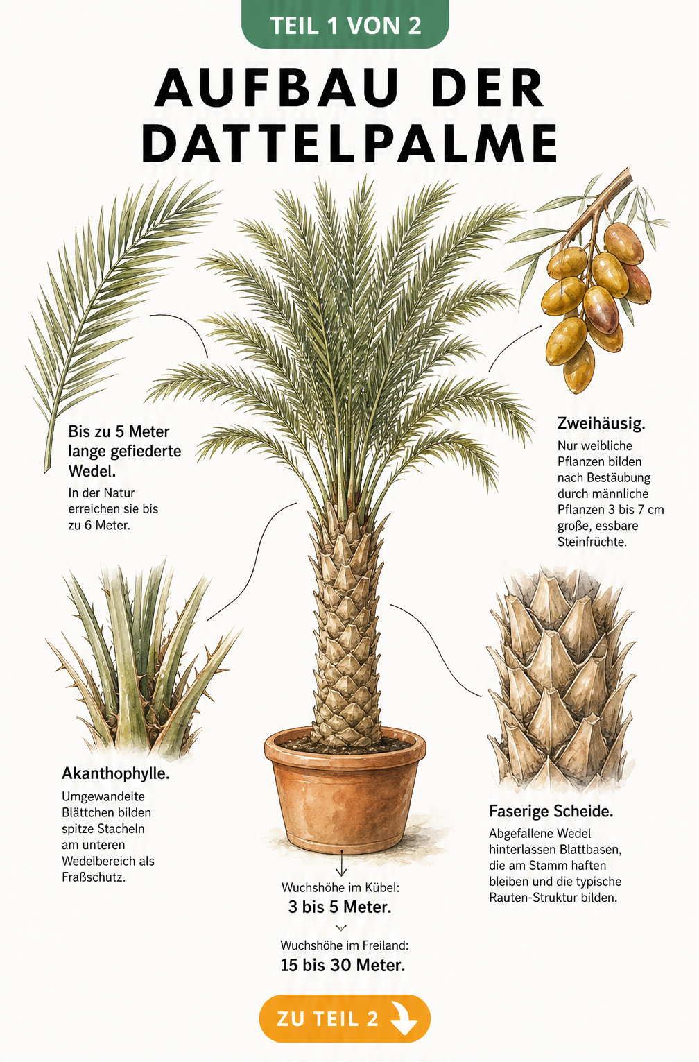 Botanische Illustration einer Dattelpalme im Kübel mit Detailzeichnungen von Wedeln, Stacheln, Datteln und Stammstruktur
