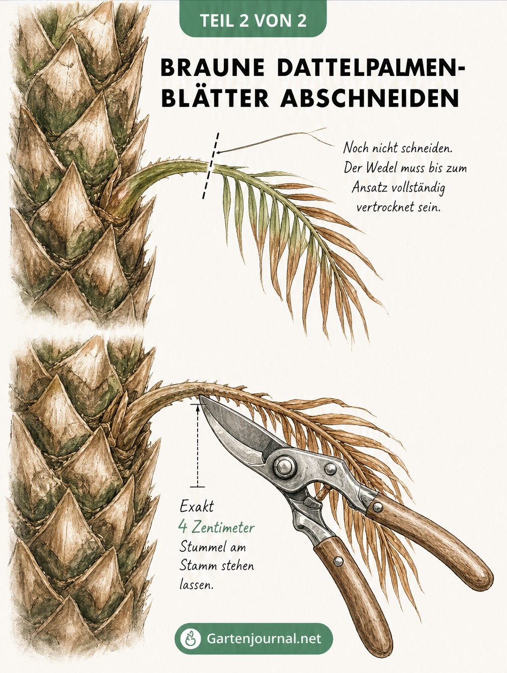 Detailansicht eines Dattelpalmen-Stamms, die zeigt, wie man einen komplett vertrockneten braunen Wedel mit einer Gartenschere abschneidet und 4 Zentimeter...