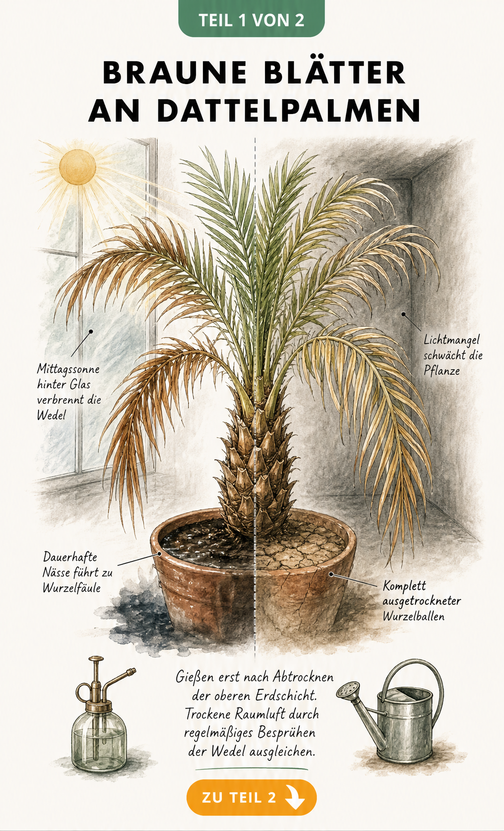 Botanische Illustration einer Dattelpalme im Topf, die Ursachen für braune Blätter durch zu viel Sonne, Nässe oder Lichtmangel zeigt.