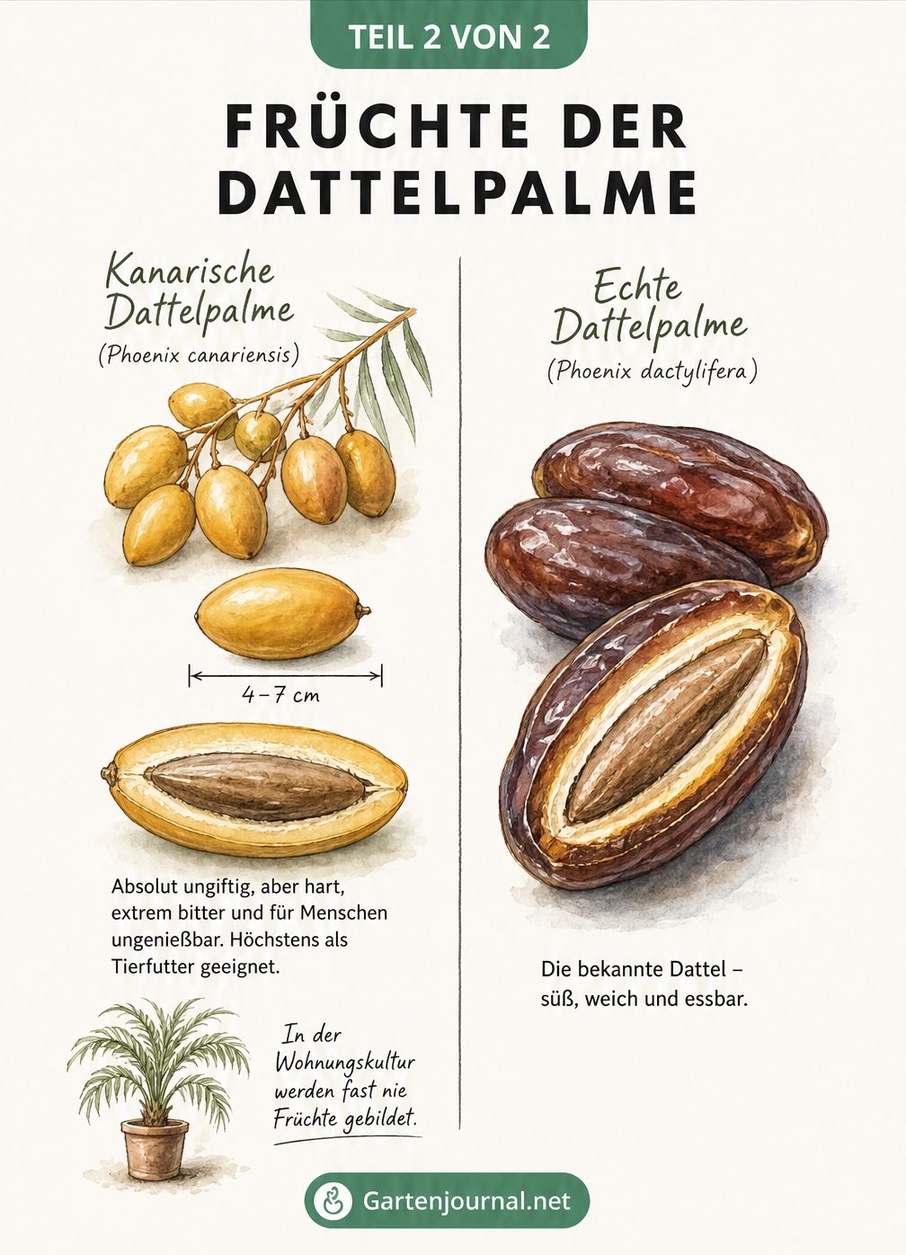 Aquarell-Illustration der Früchte von Kanarischer Dattelpalme und Echter Dattelpalme im Vergleich, mit Angaben zu Größe und Essbarkeit.