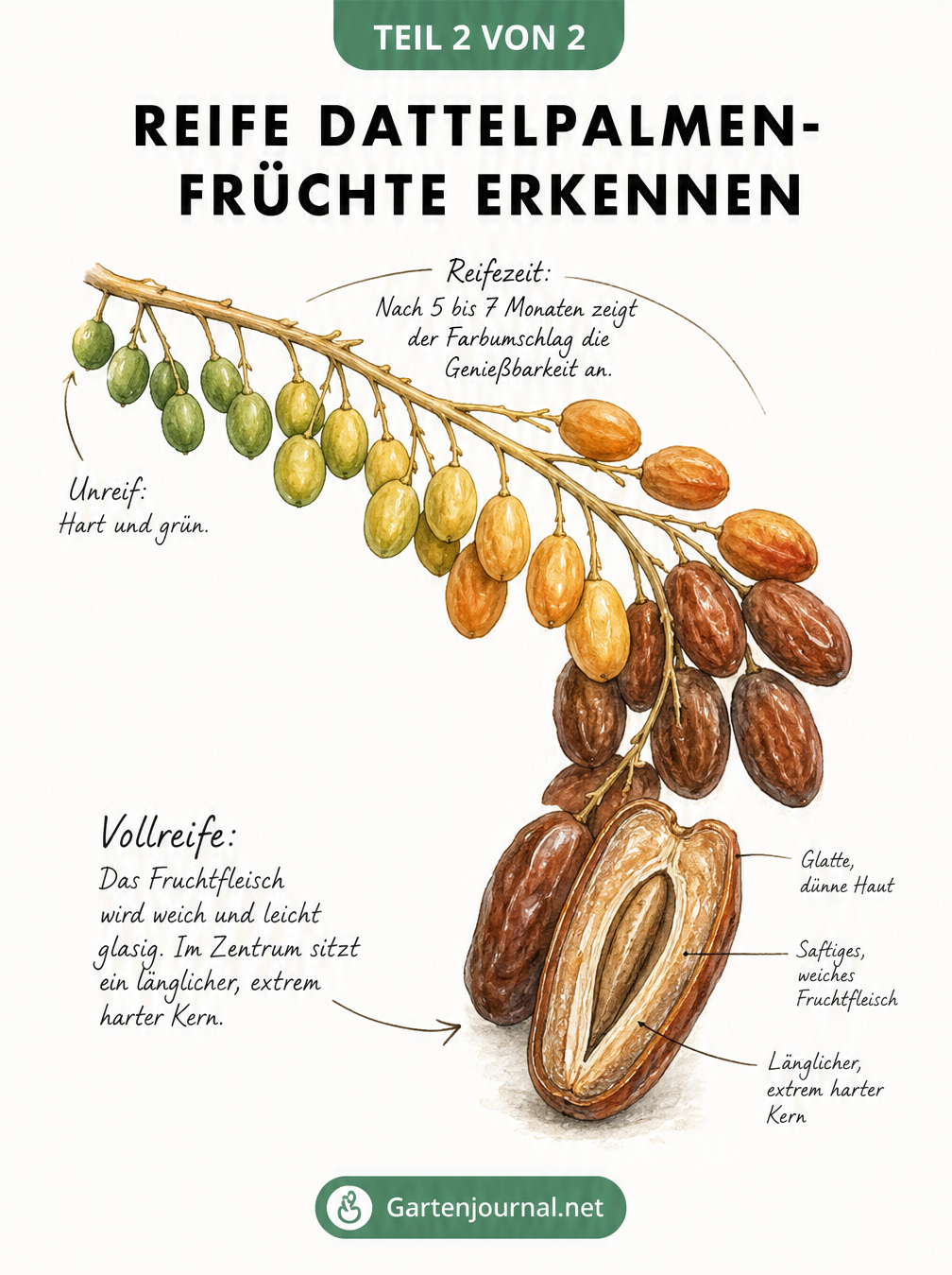 Illustration des Reifeprozesses von Datteln an einer Rispe von grün über gelb bis braun