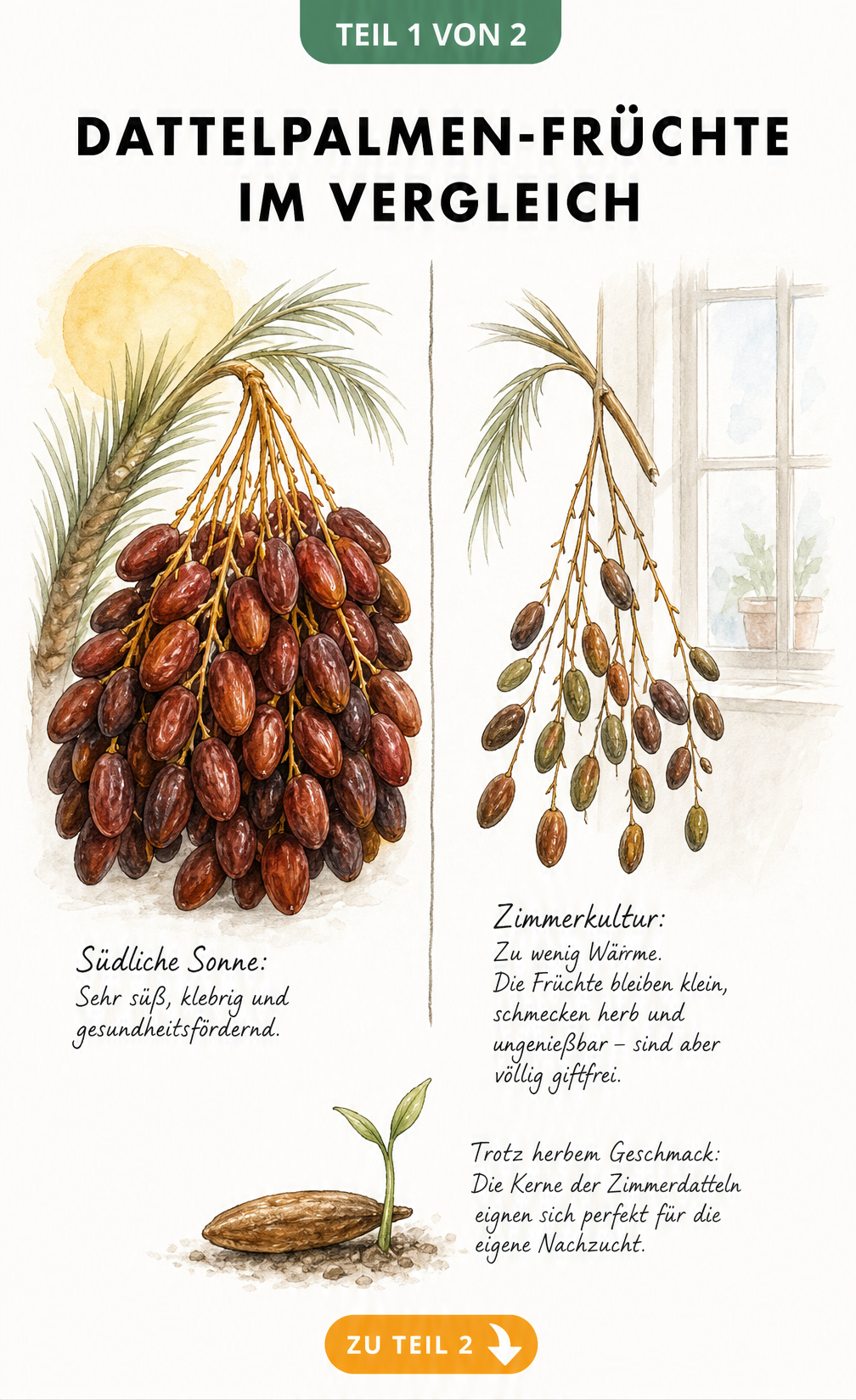 Aquarell-Zeichnung: Vergleich der Früchte von Echter Dattelpalme und Kanarischer Dattelpalme in Zimmerkultur