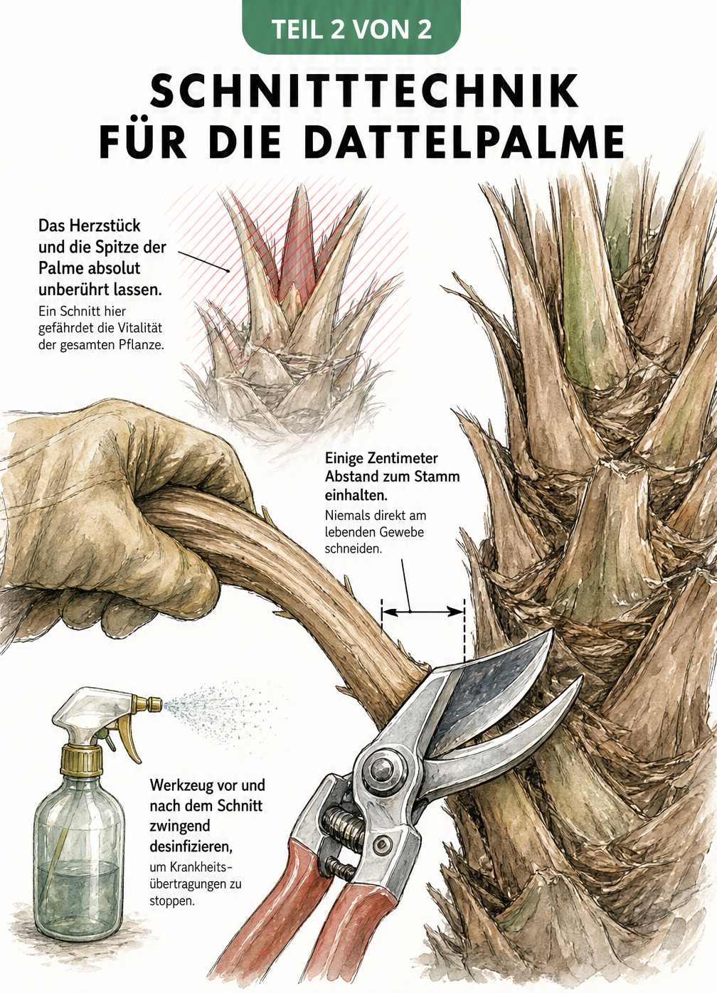 Skizze einer Gartenschere, die einen vertrockneten Palmwedel mit etwas Abstand zum Stamm der Dattelpalme abschneidet