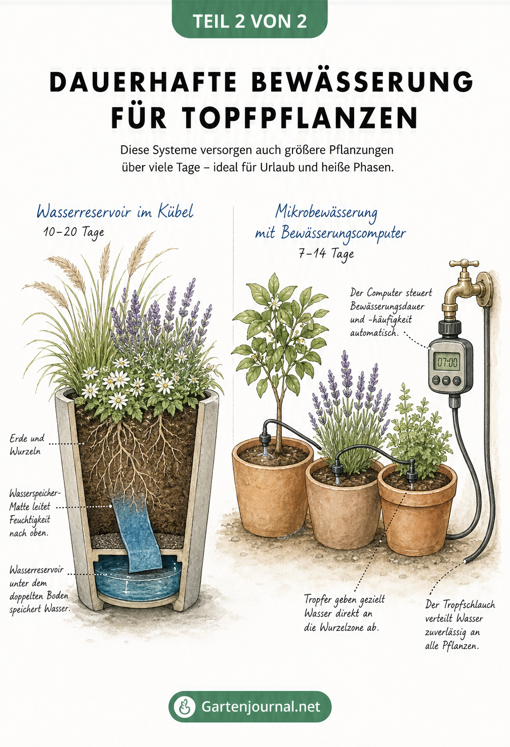 Querschnitt eines Pflanzkübels mit Wasserreservoir und Mikrobewässerungssystem für mehrere Töpfe