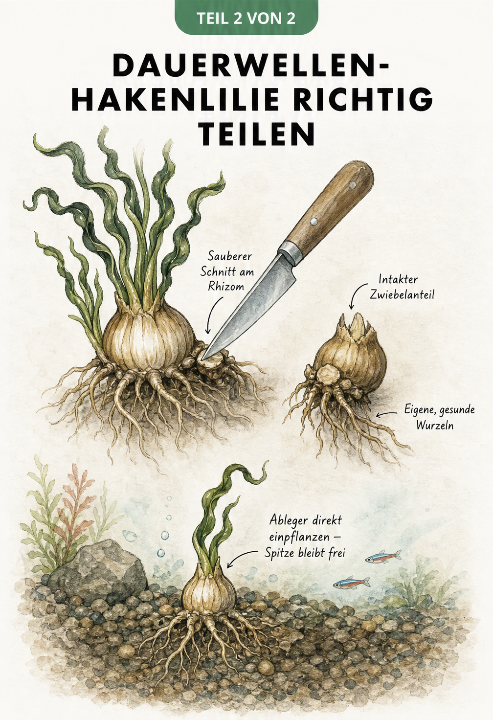 Illustration zur Vermehrung der Dauerwellen-Hakenlilie durch Abtrennen einer Tochterzwiebel mit einem Messer