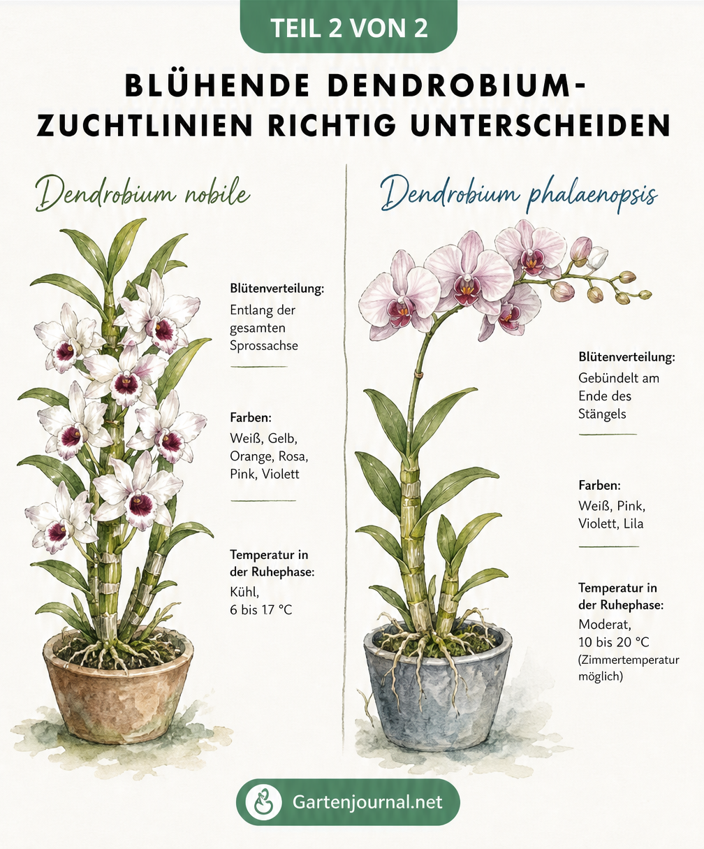 Illustration zweier Dendrobium-Arten im Vergleich: Dendrobium nobile mit Blüten entlang des Stängels und Dendrobium phalaenopsis mit gebündelten Blüten am Ende.