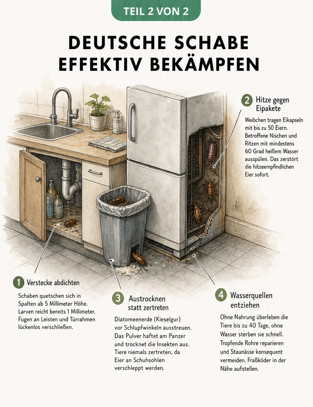 Isometrische Darstellung einer Küche mit Verstecken der Deutschen Schabe und Tipps zur Bekämpfung