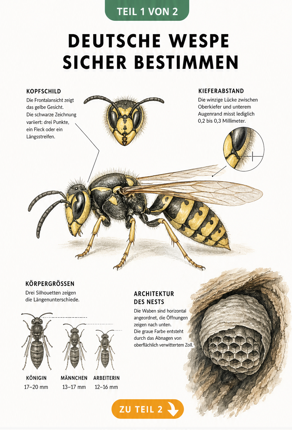 Wissenschaftliche Illustration der Deutschen Wespe mit Detailansichten von Kopf, Kieferabstand, Körpergrößen und Nestarchitektur