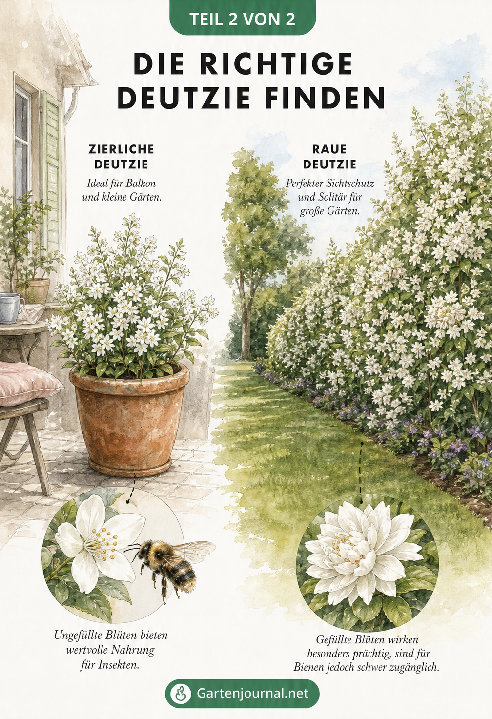 Zweiteilige Illustration: Links eine Zierliche Deutzie im Kübel mit ungefüllten Blüten für Bienen, rechts eine Raue Deutzie als hohe Hecke mit gefüllten Blüten.