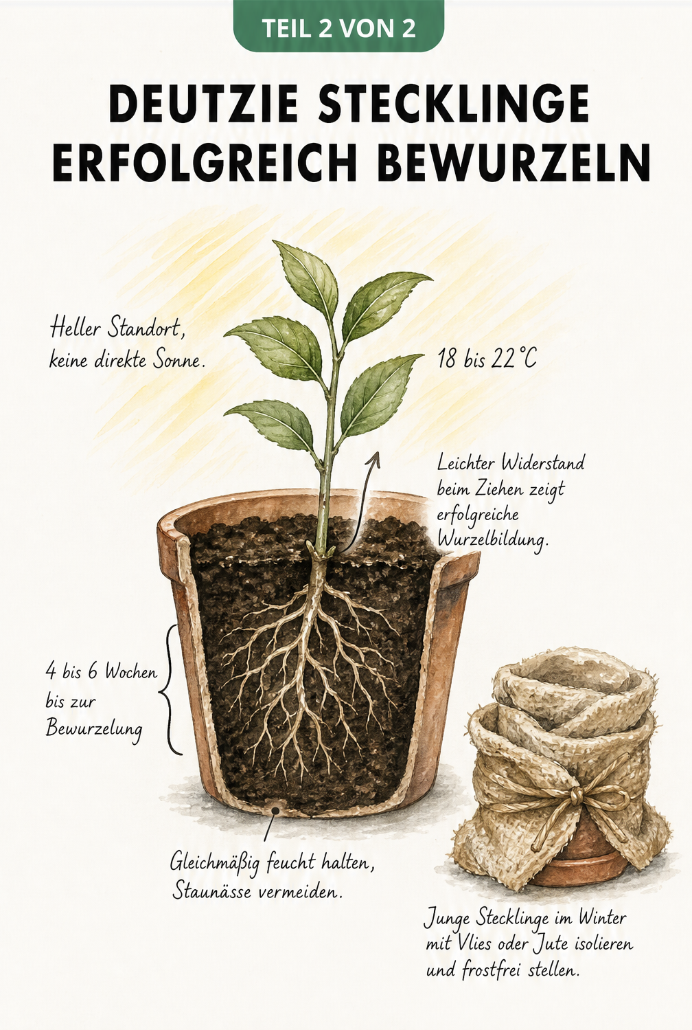 Aquarell-Illustration eines eingepflanzten Deutzien-Stecklings mit sichtbarem Wurzelwachstum und Hinweisen zu Standort und Pflege