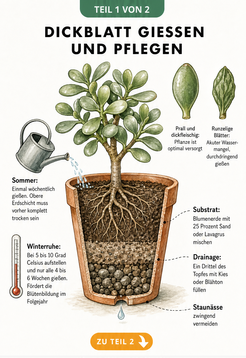 Botanische Illustration eines Dickblatts im Querschnitt mit Details zu Gießverhalten, Blättern und Substrataufbau