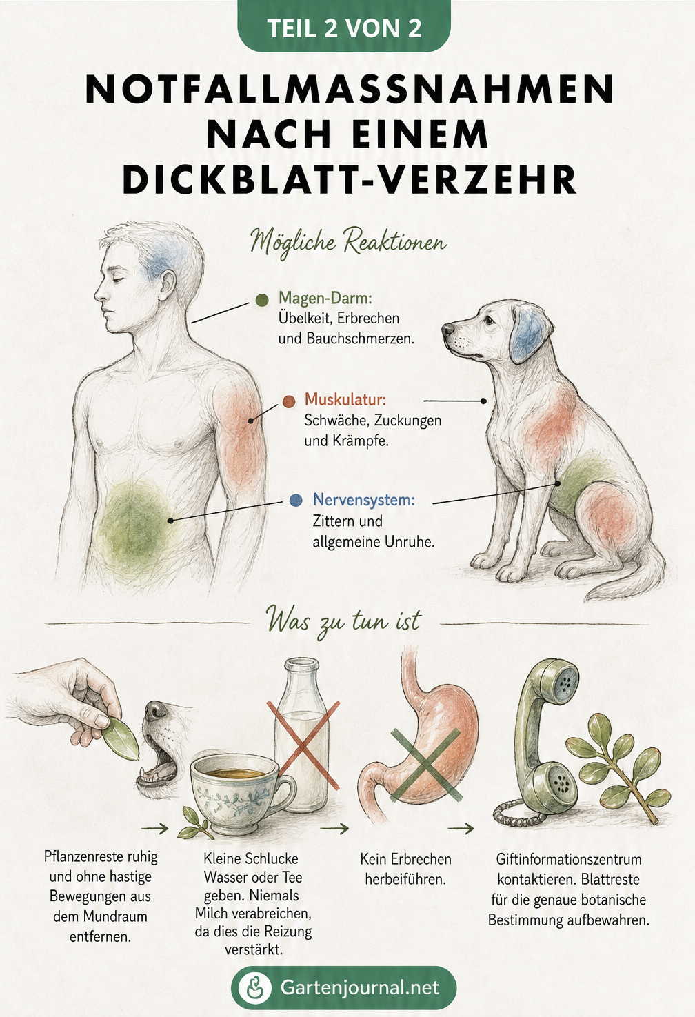 Illustration von Symptomen und Notfallmaßnahmen nach dem Verzehr von giftigen Dickblattgewächsen