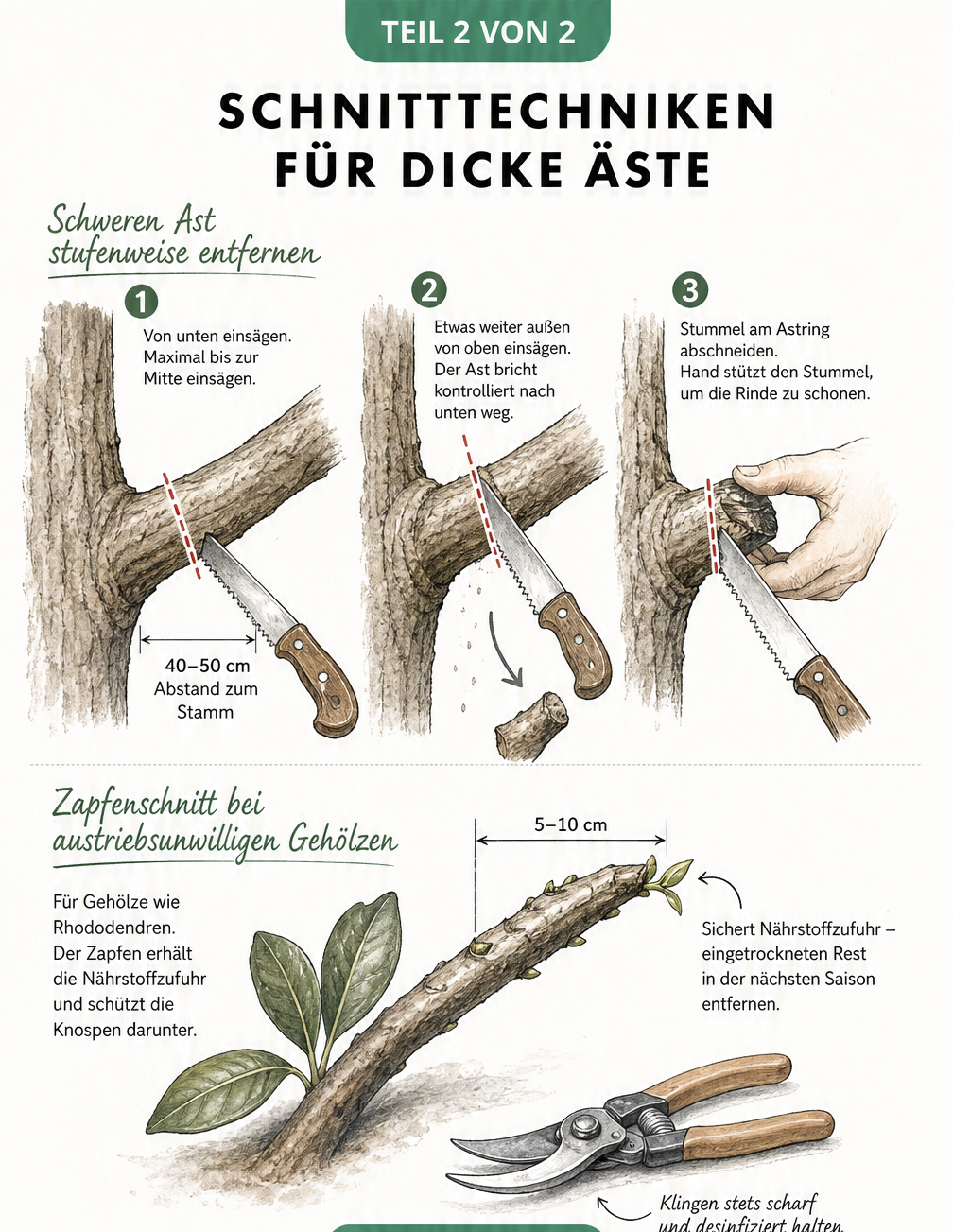 Illustration zum etappenweisen Absägen dicker Äste und zum Zapfenschnitt