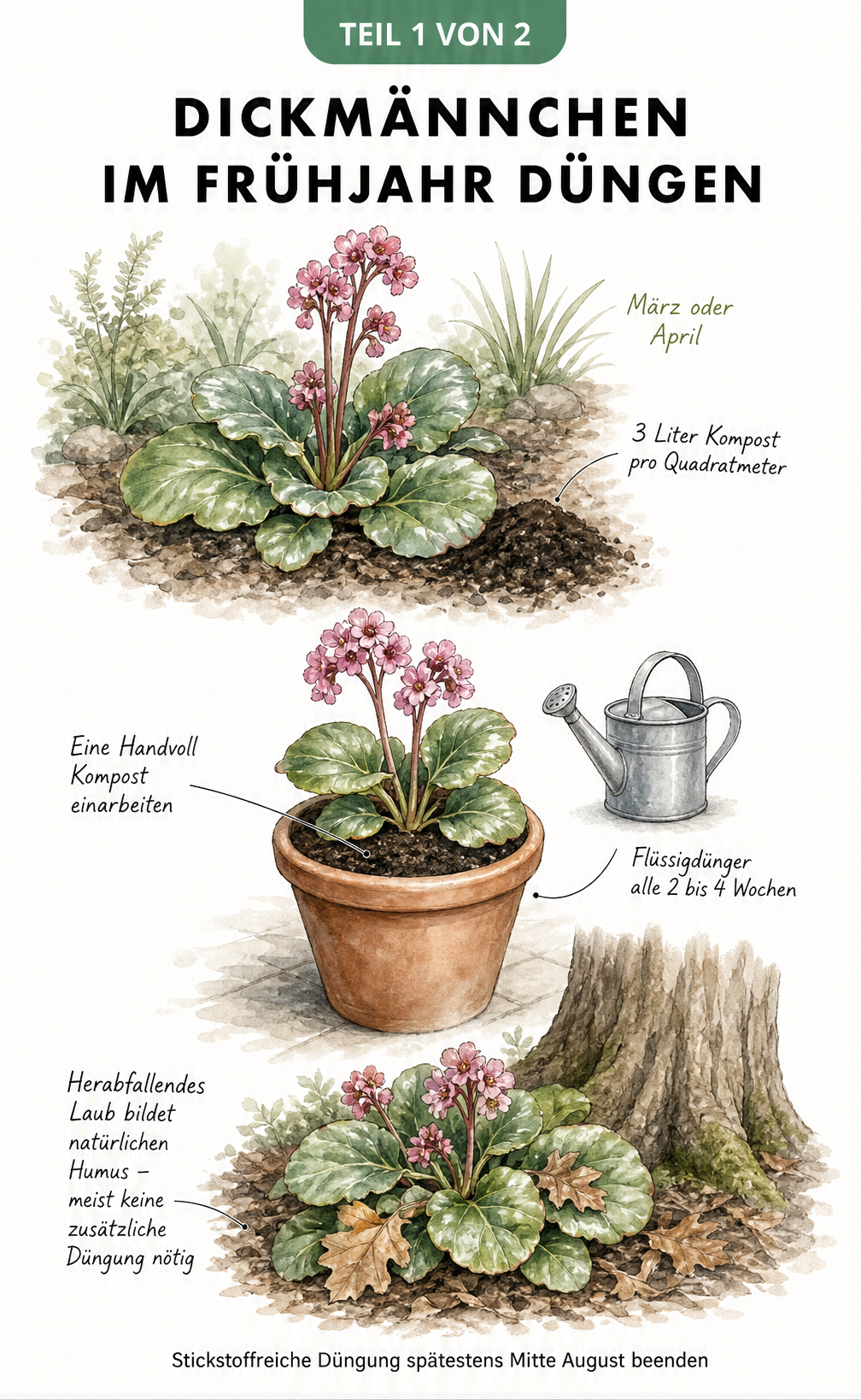 Botanische Illustration eines Dickmännchens in drei Pflanzsituationen: Gartenbeet, Topfkultur und als Unterpflanzung mit Düngehinweisen.