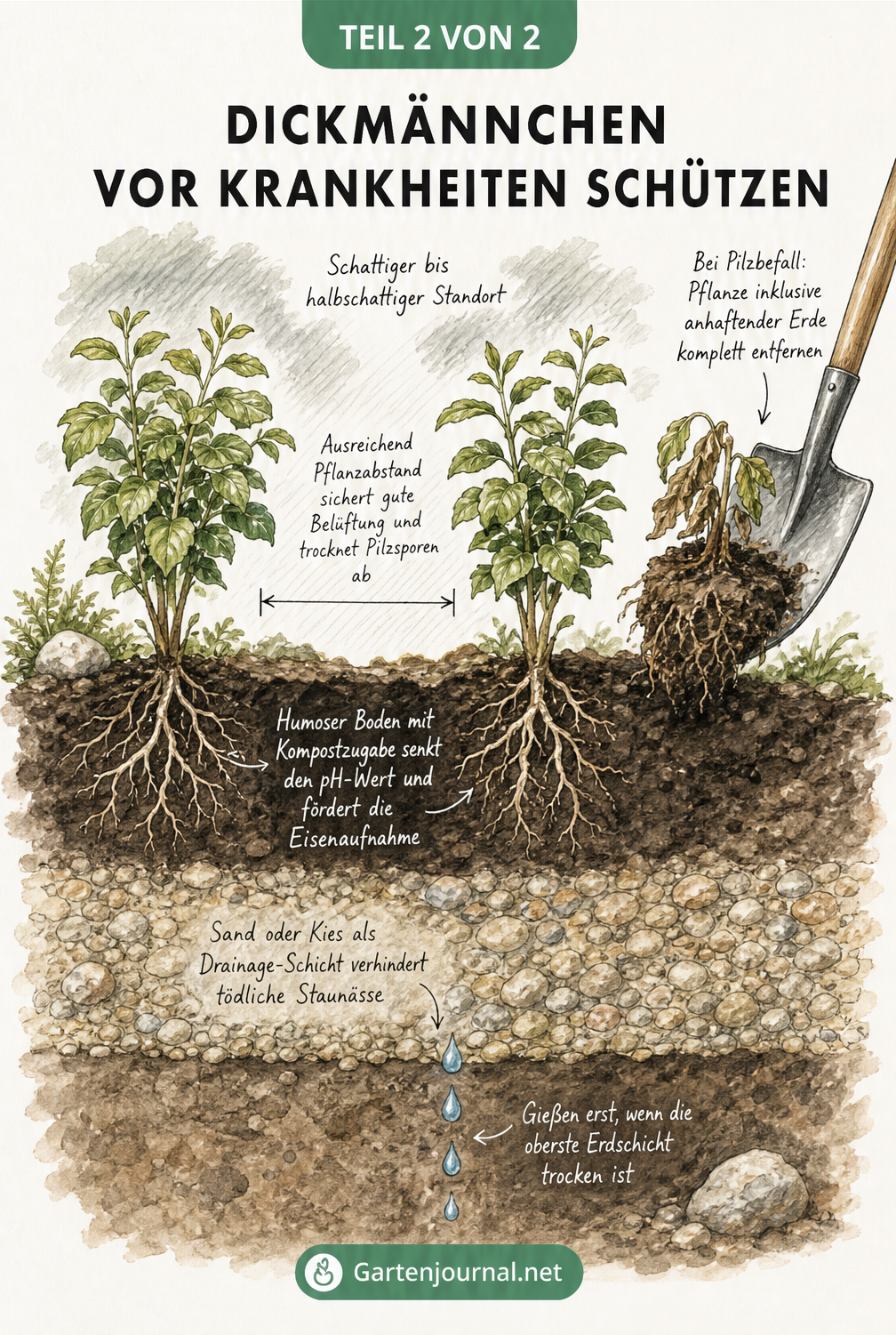 Querschnitts-Skizze eines Gartenbeets mit gesunden Dickmännchen, Pflanzabstand und Bodenaufbau zur Vorbeugung von Krankheiten