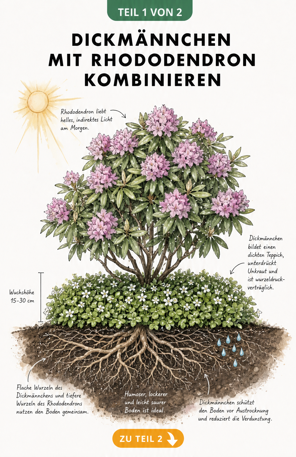 Botanische Querschnitt-Illustration eines Gartenbeets mit Rhododendron und Dickmännchen als Unterpflanzung