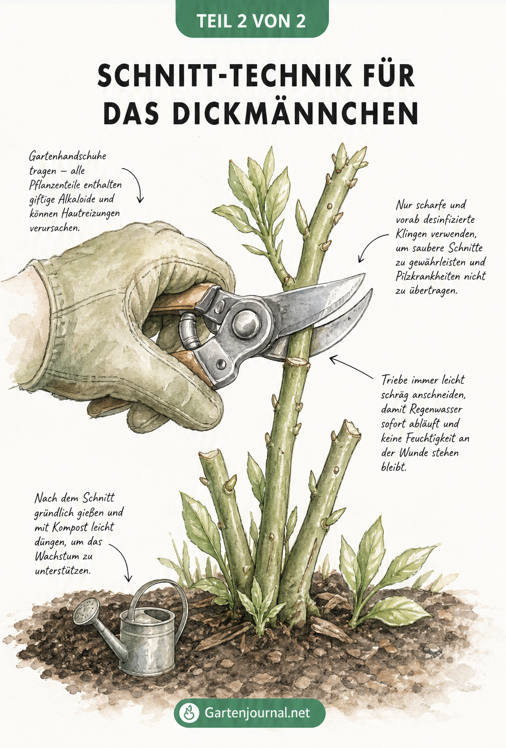 Nahaufnahme einer Hand mit Handschuh, die einen Dickmännchen-Trieb mit einer Gartenschere schräg abschneidet