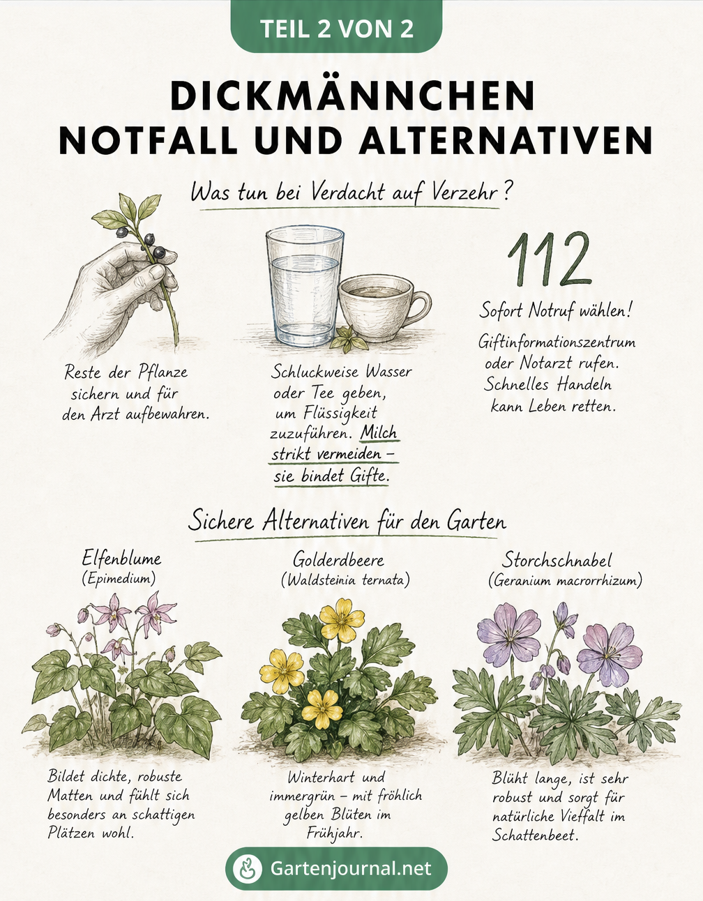 Illustration von Notfallmaßnahmen bei Vergiftung durch Dickmännchen und Vorstellung ungiftiger Bodendecker-Alternativen
