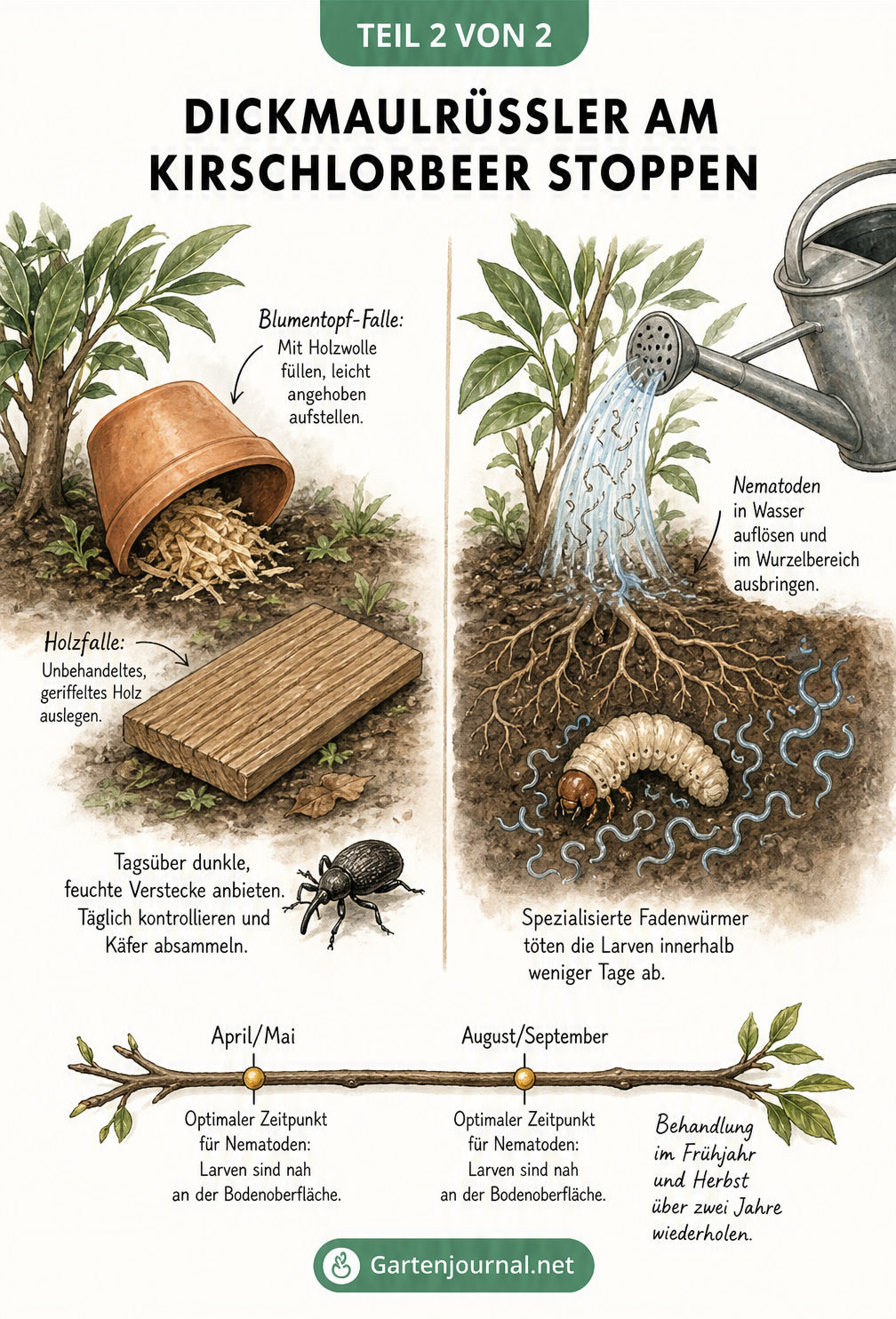 Illustration von Fallen für den Dickmaulrüssler und dem Einsatz von Nematoden gegen die Larven