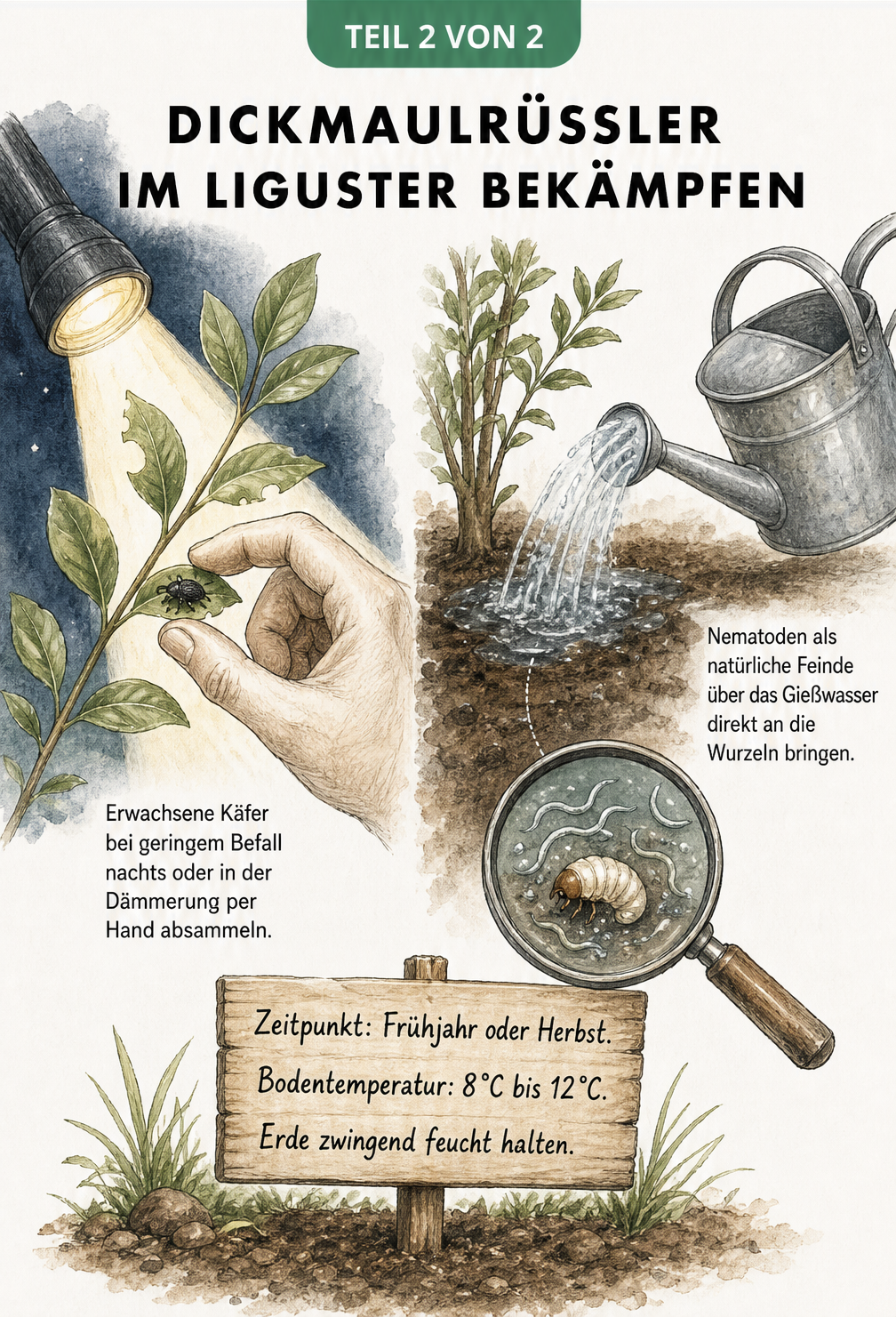 Illustration zur Bekämpfung des Dickmaulrüsslers am Liguster durch nächtliches Absammeln mit der Taschenlampe und den Einsatz von Nematoden im Gießwasser.